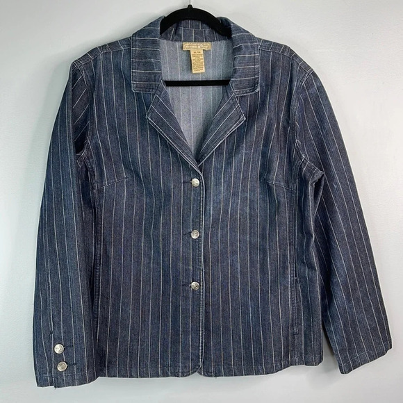 VINTAGE Cotton Ginny Pinstriped Denim Blazer Dark Wash Single Breasted Size XL - Picture 12 of 12
